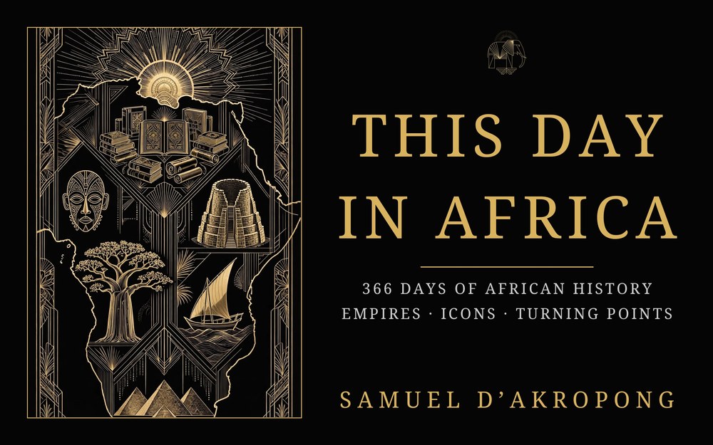 Cover of This Day in Africa: 366 Days of African History — a golden map of Africa filled with scenes from its history, on black